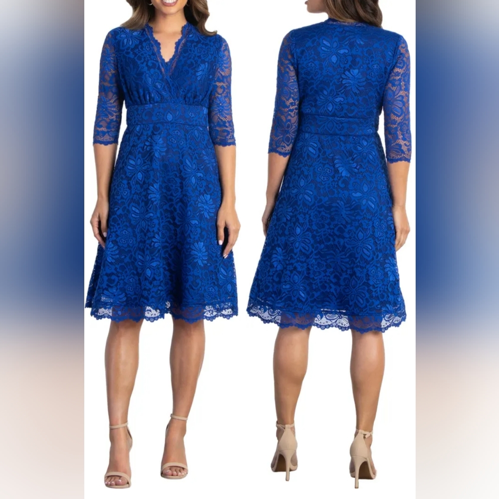 KIYONNA Missy Lace Elbow Sleeve Dress Sapphire Blue Size 2X NWT 18W-20W